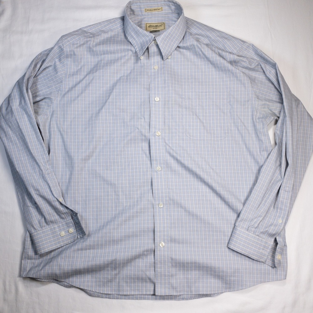 Eddie Bauer Mens XL Blue Plaid Button Down Shirt Wrinkle Resistant Cotton L/S